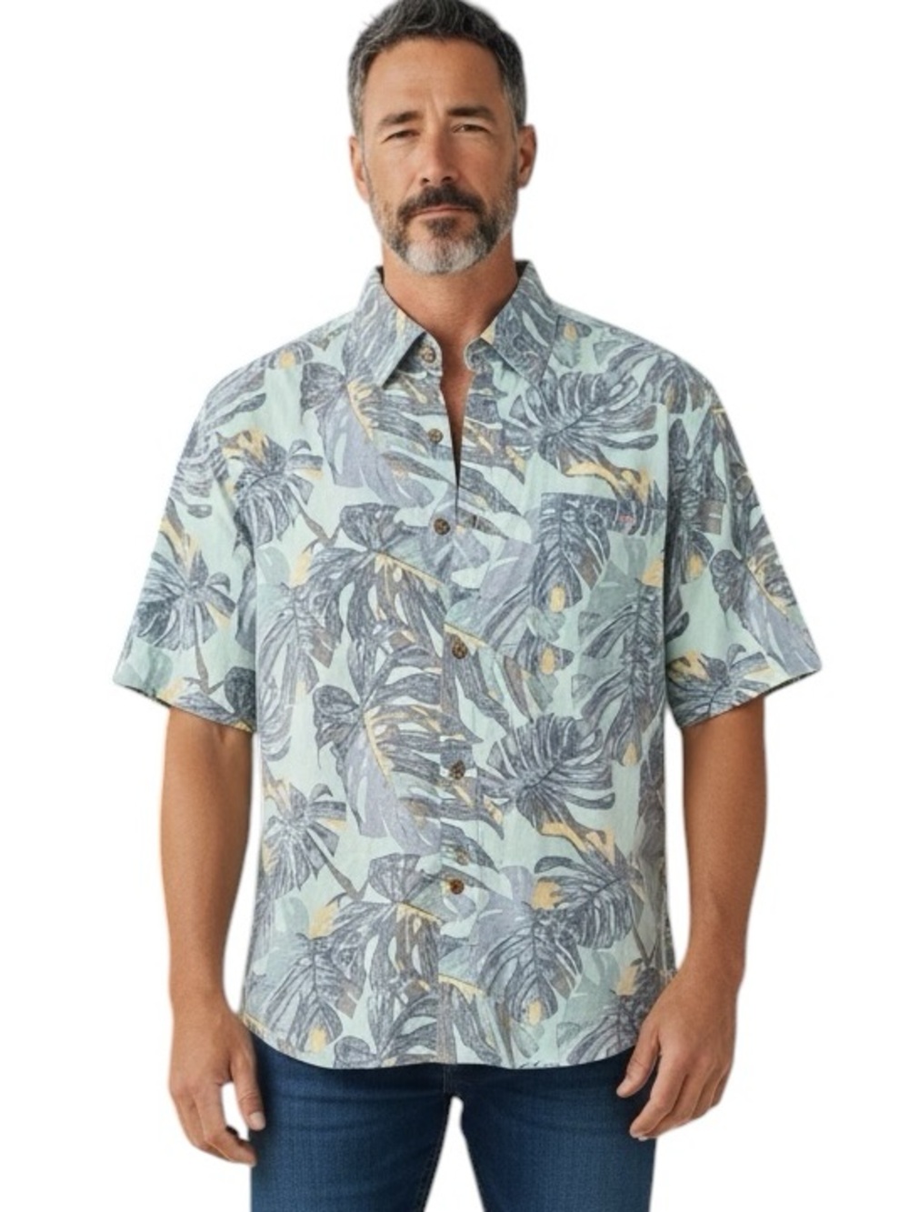 Salt Life Tropical Hawaiian Green Short Sleeve Button Down Cotton Rayon Shirt L